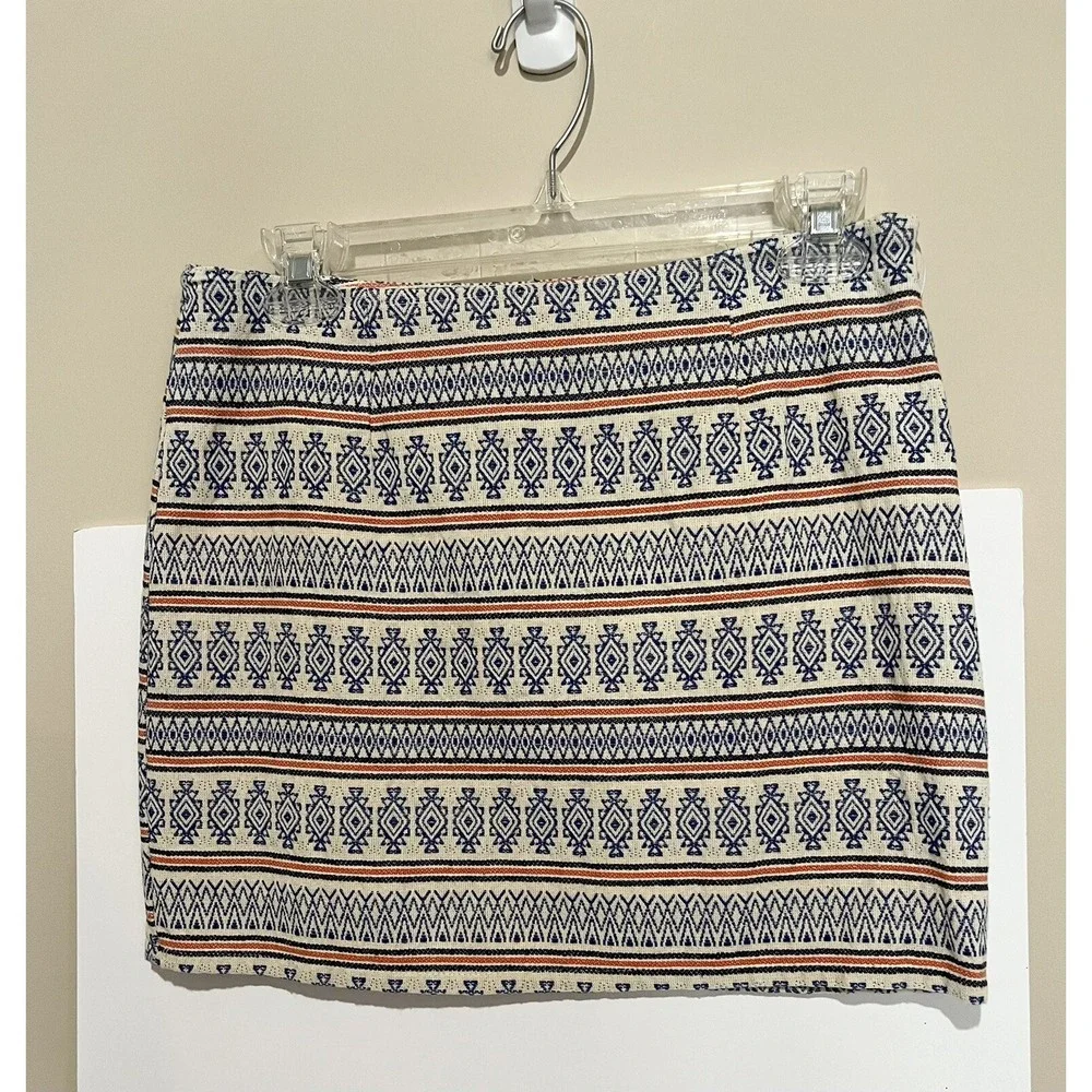 Miami | Mini Skirt Woven Cotton Aztec Print Cream Blue Orange, Lined, Size Small
